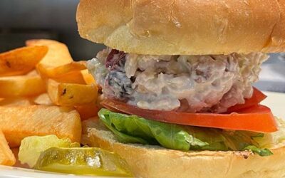 cranberry chicken salad on a bun with golden french fries